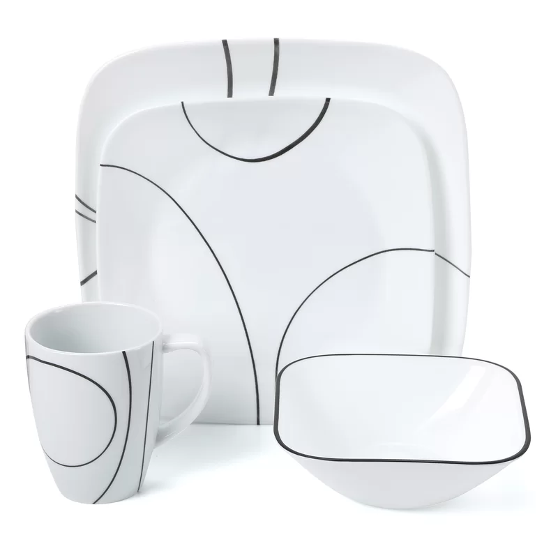 CORELLE 1092887 Simple Lines Square 16-Piece Dinnerware Set. Service for 4. Black/White