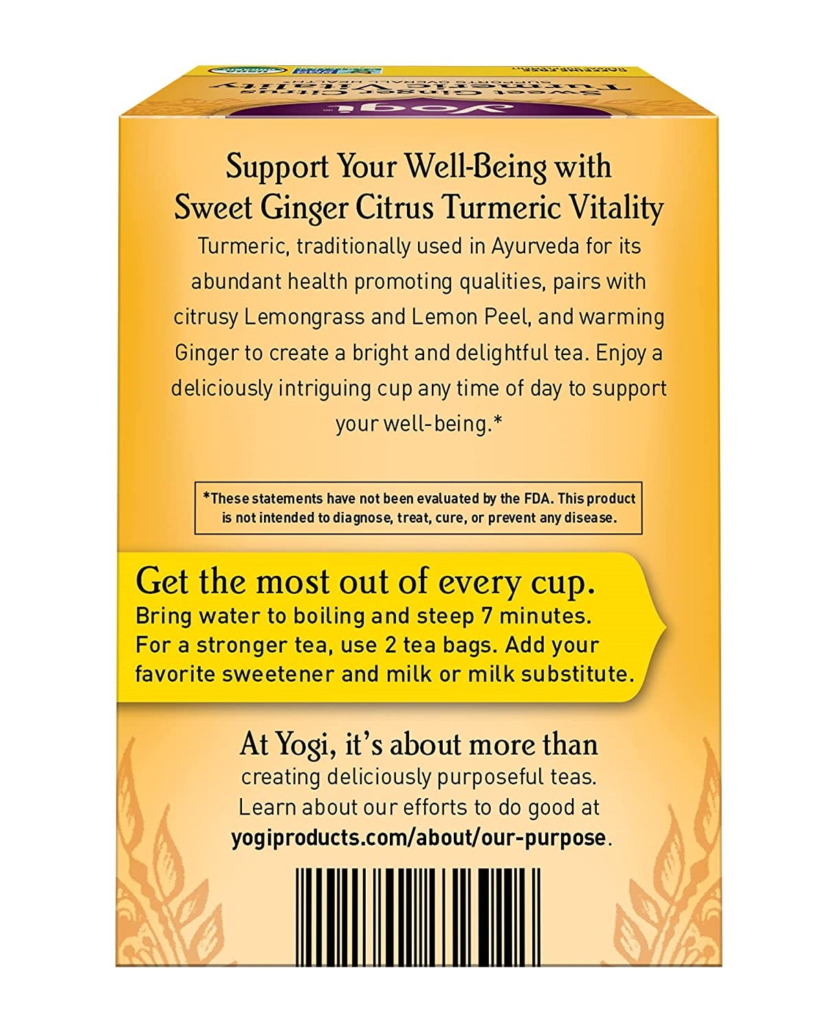 Yogi Tea. Sweet Ginger Citrus Turmeric Vitality. 4 Pack. 64 Tea Bags