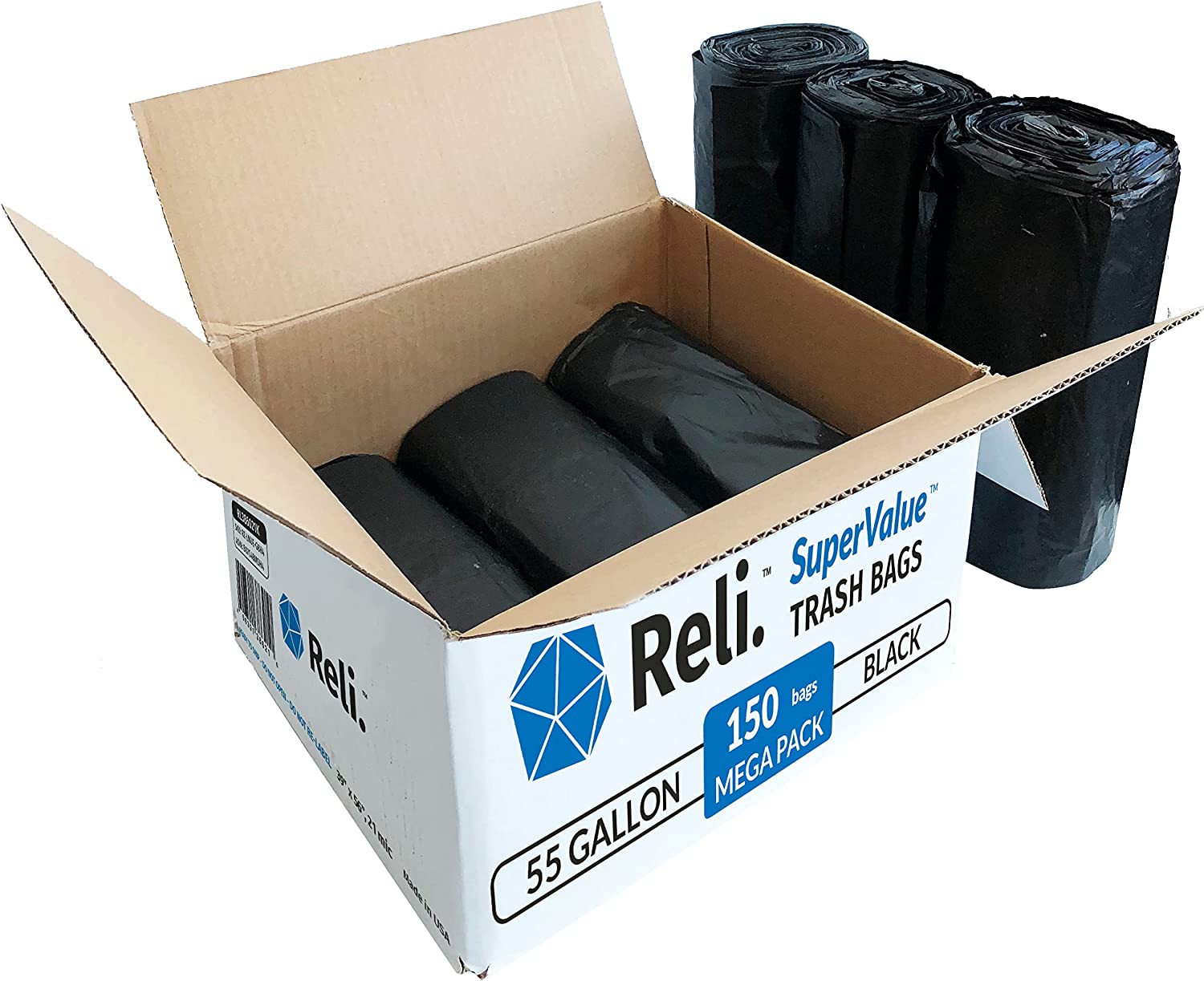 Reli. Easy Grab Trash Bags. 55-60 Gallon (150 Count). Made in USA | Star Seal Super High Density Rolls (Heavy Duty Can Liners. Garbage Bags. Bulk Contractor Bags 50. 55. 60 Gallon Capacity) - Black