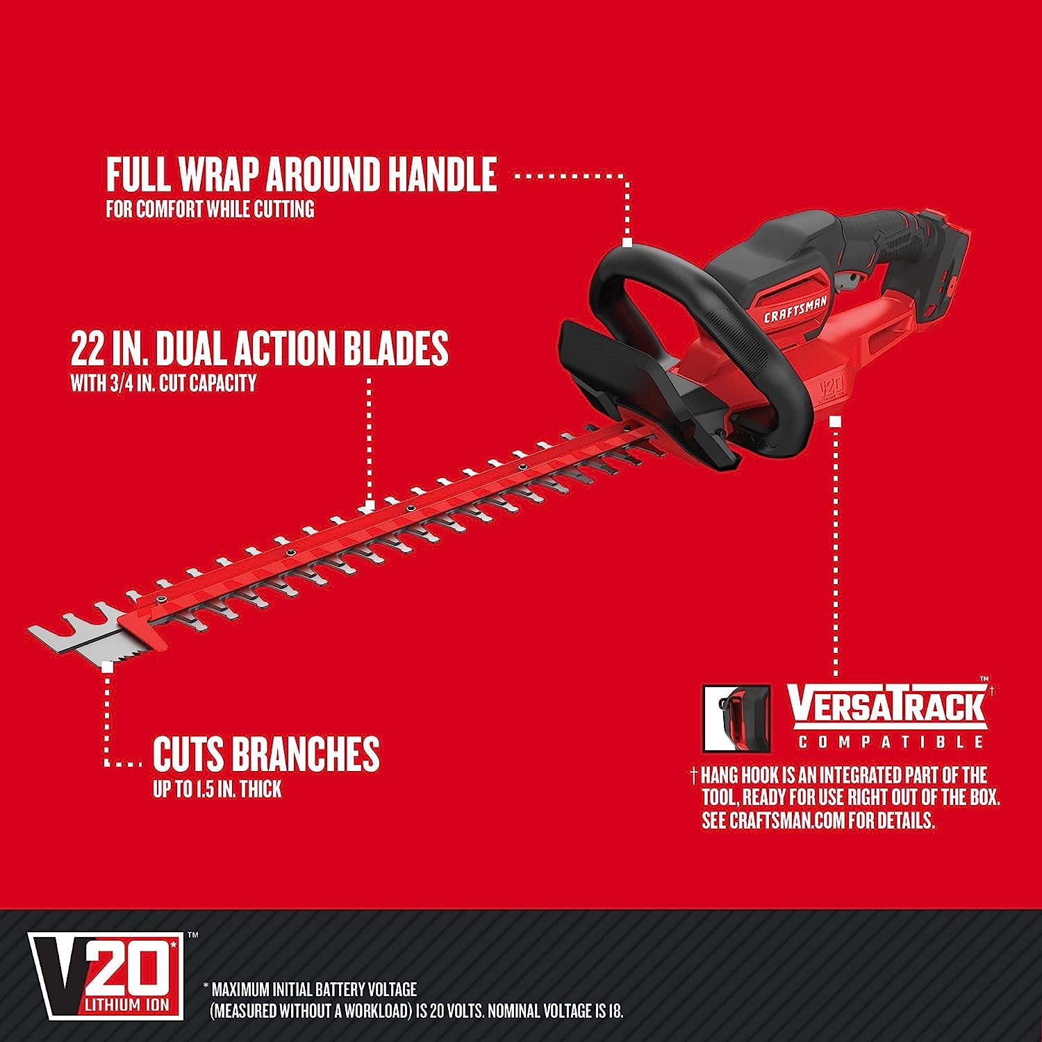 CRAFTSMAN CMCHTS820B V20 Cordless Hedge Trimmer. 22-in. (Tool Only). Red