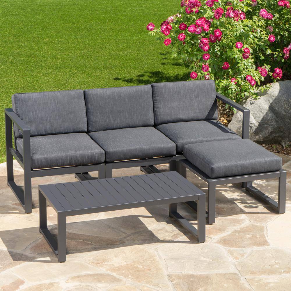 Noble House  Navan Dark Grey 5-Piece Aluminum Outdoor Sectional Set with Black Cushions