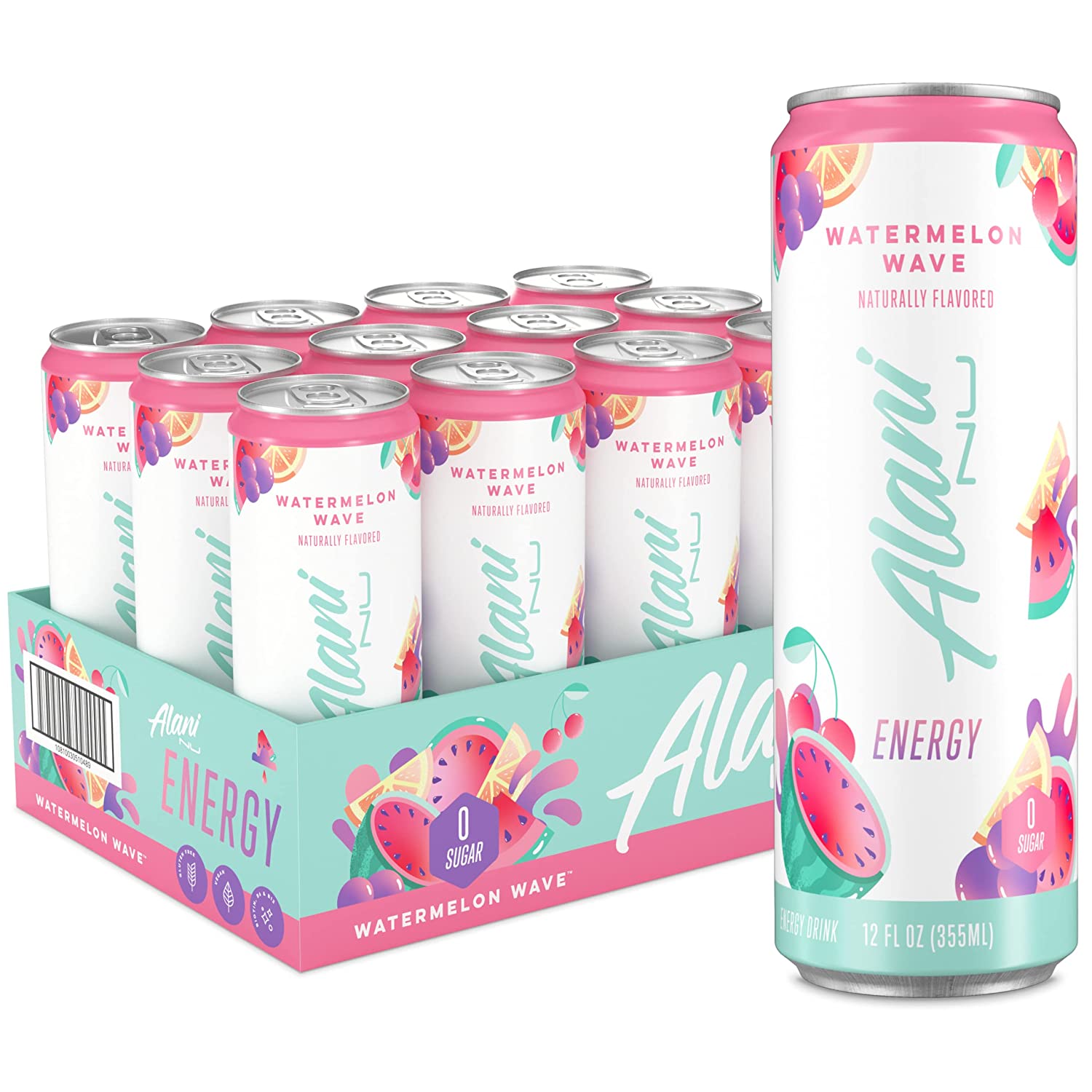 Alani Nu Sugar-Free Energy Drink. Pre-Workout Performance. Watermelon Wave. 12 oz Cans (Pack of 12)