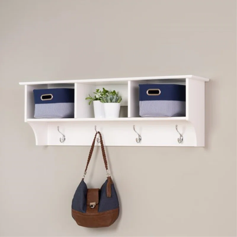 Hawthorne Collections Modern Wood Entryway Wall Cubby Shelf Coat Rack in White