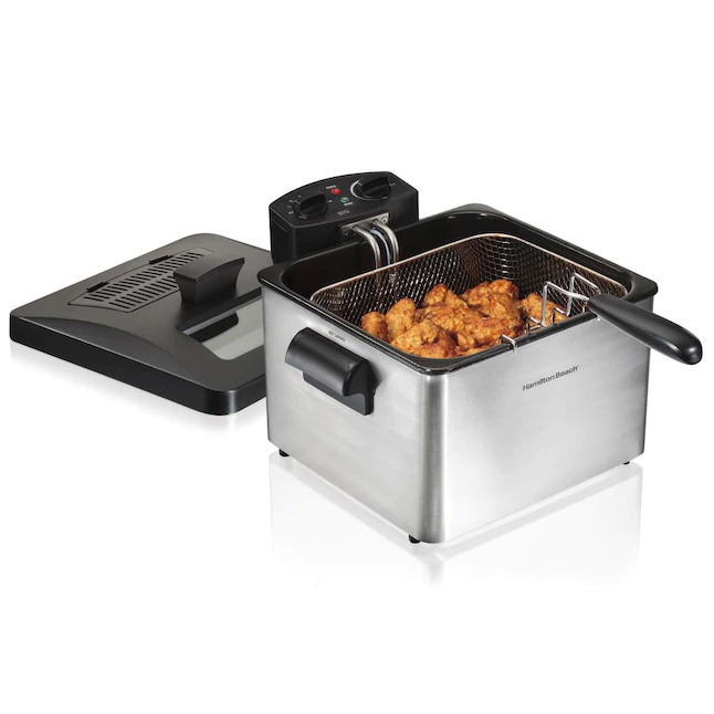 Hamilton Beach (35034) Triple Basket Electric Deep Fryer. 19 Cups / 4.5 Liters Oil Capacity. Lid with View Window. Professional Grade. 1800 Watts. Stainless Steel. Black