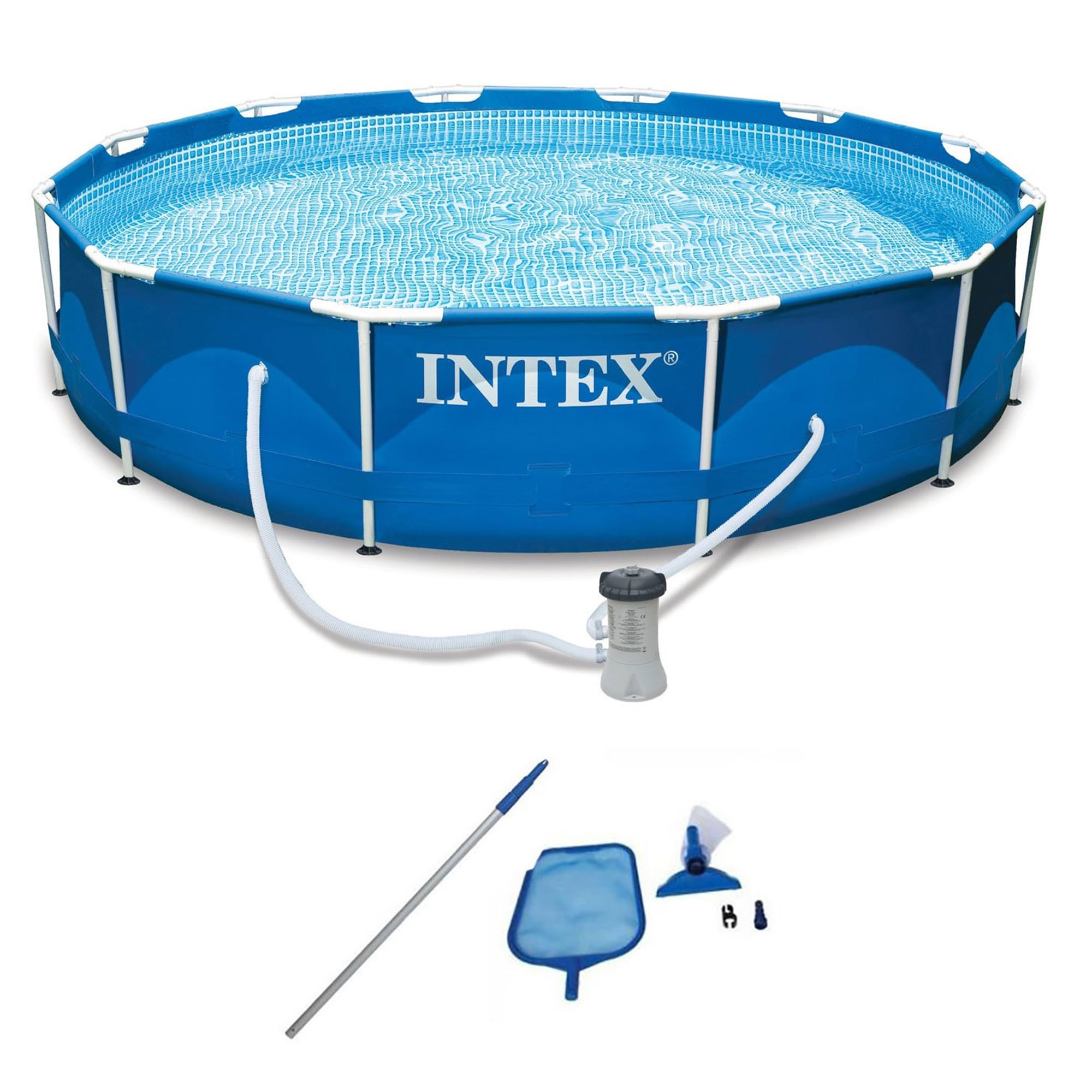 Intex 12′ x 2.5′ Round Pool w/ Filter Pump & Pool Cleaning Kit w/ Vacuum & Pole