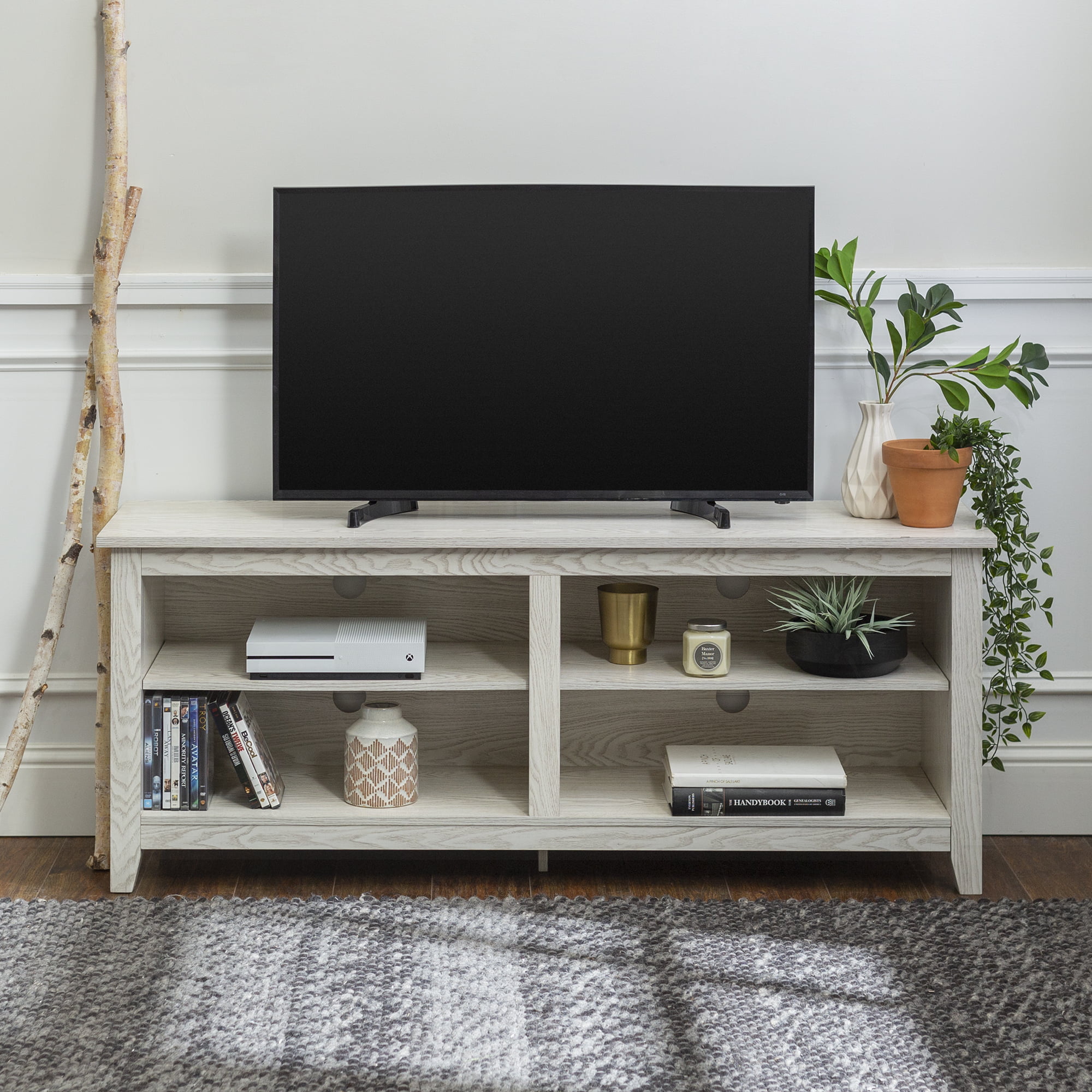 Manor Park Wood Media Storage TV Stand with Mount for TVs up to 65″. White Wash