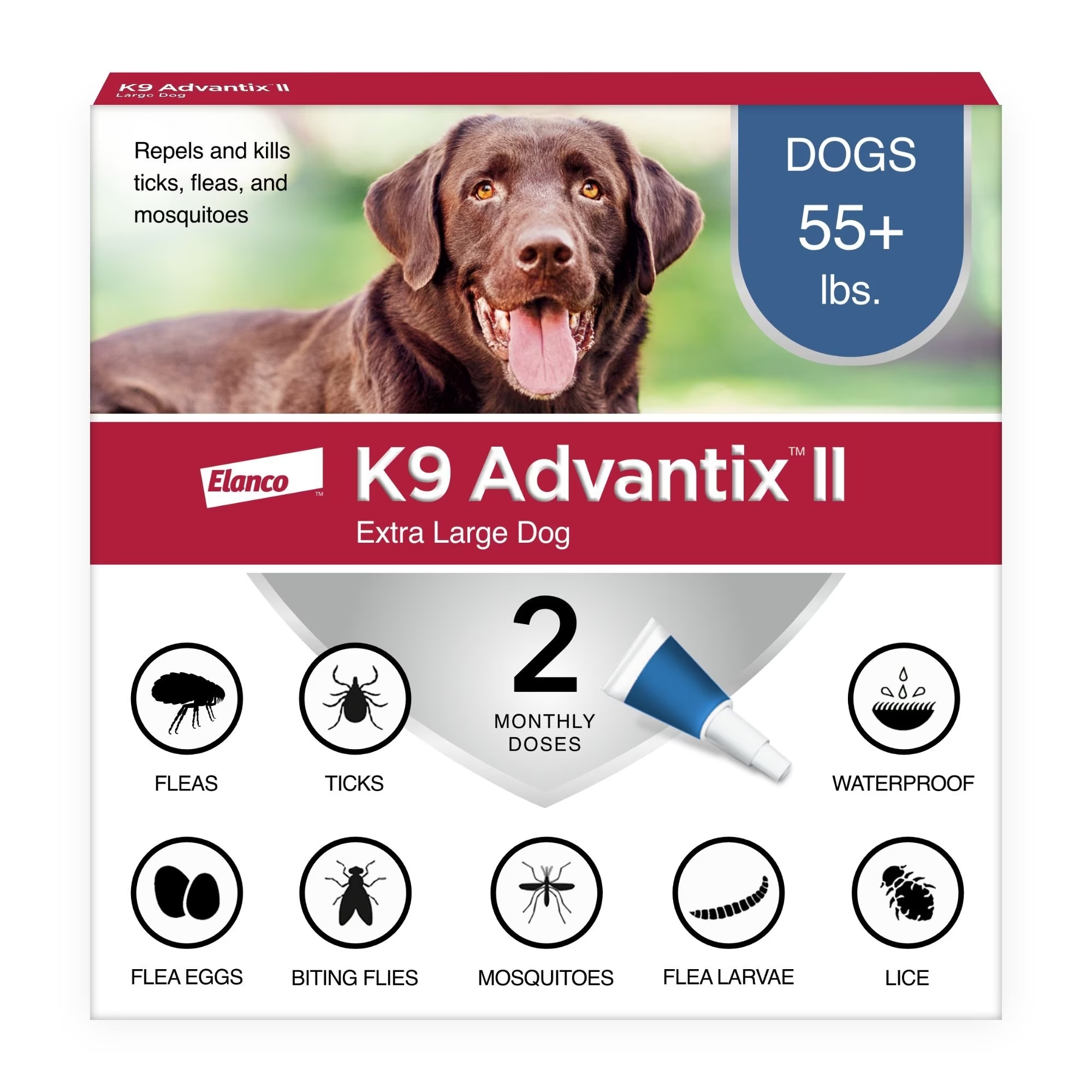 K9 Advantix II Flea & Tick Spot Treatment for Dogs. over 55 lbs (2 Doses)