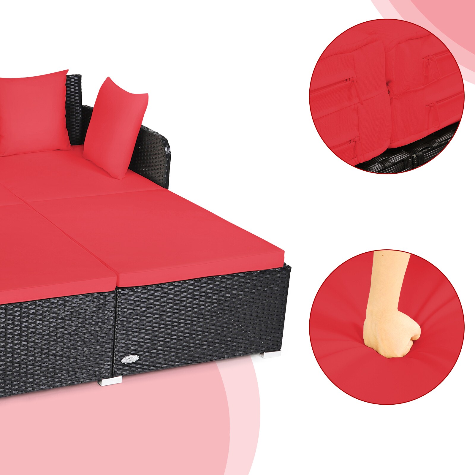 Goplus No Collection Rattan Outdoor Daybed with Red Cushion(S) and Rattan Frame