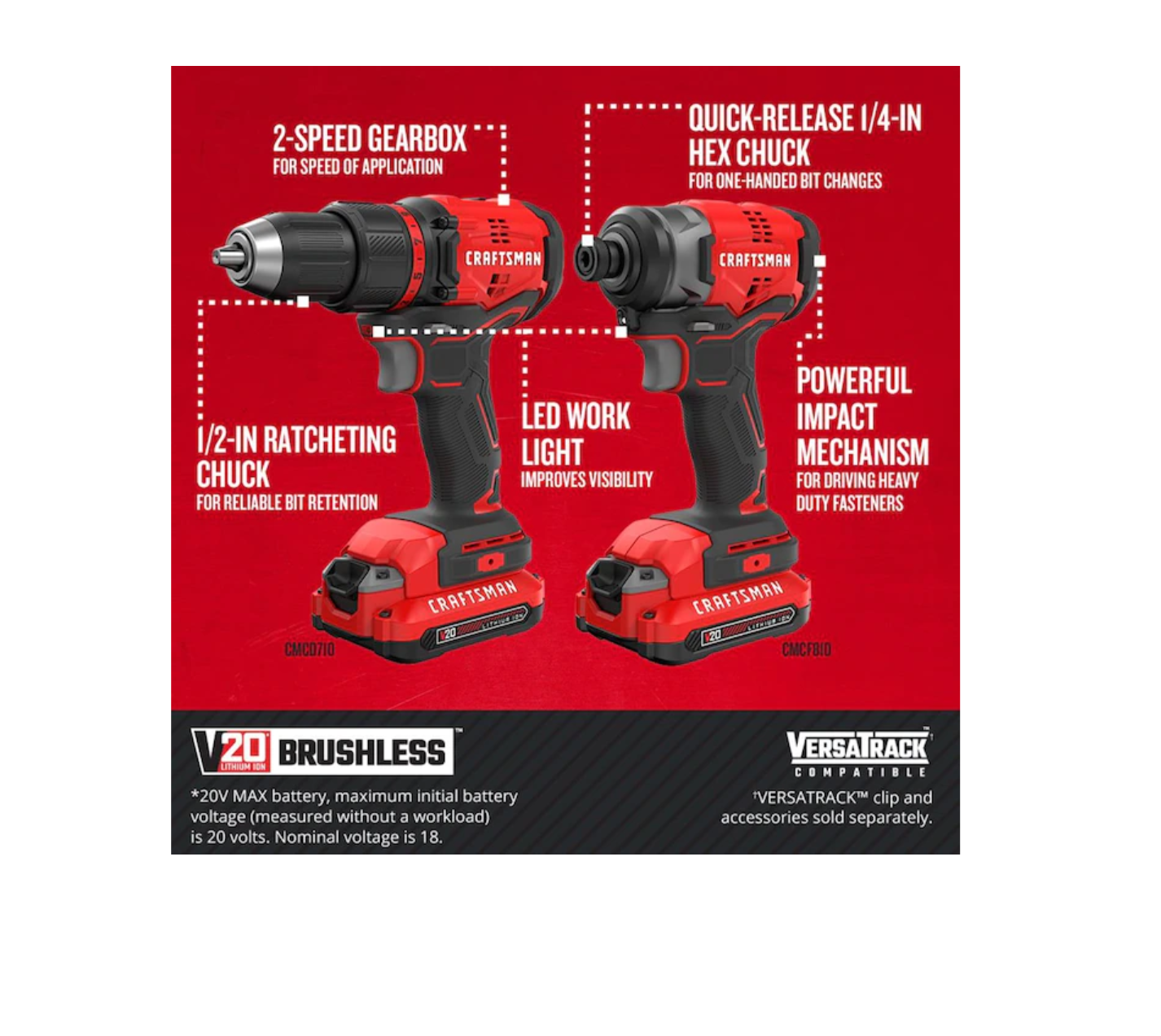CRAFTSMAN CMCK210C2 V20 2-Tool 20-Volt Max Brushless Power Tool Combo Kit with Soft Case (2-Batteries Included and Charger Included)