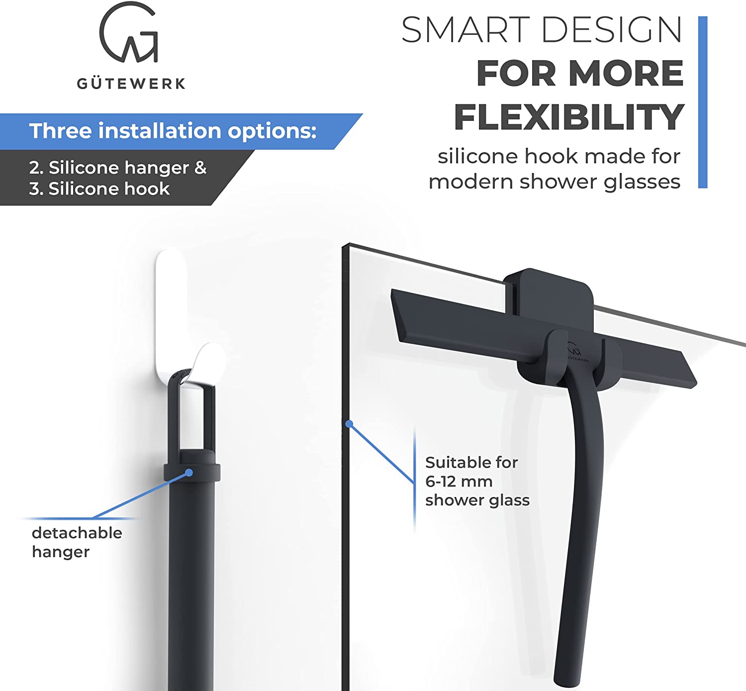 GÜTEWERK Shower Squeegee Black 9 in - incl. Chrome Suction Cup Hook