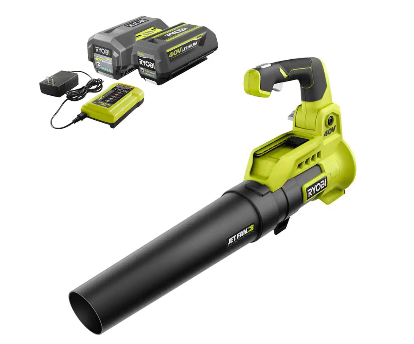 RYOBI RY40480VNM-2B 40V 110 MPH 525 CFM Cordless Battery Variable-Speed Jet Fan Leaf Blower with (2) 4.0 Ah Batteries and (1) Chargers