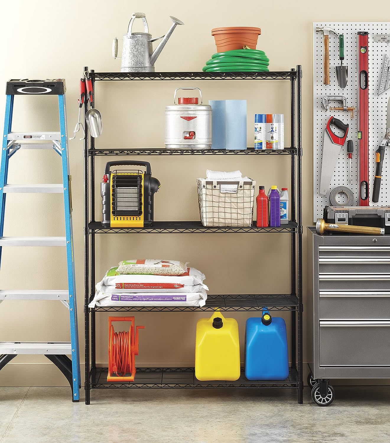 Whitmor Supreme Tier Shelving 5 Adjustable Shelving-500 Pound Weight Capacity Per Shelf-Leveling Feet. 18″ x 48″ x 74″. Black