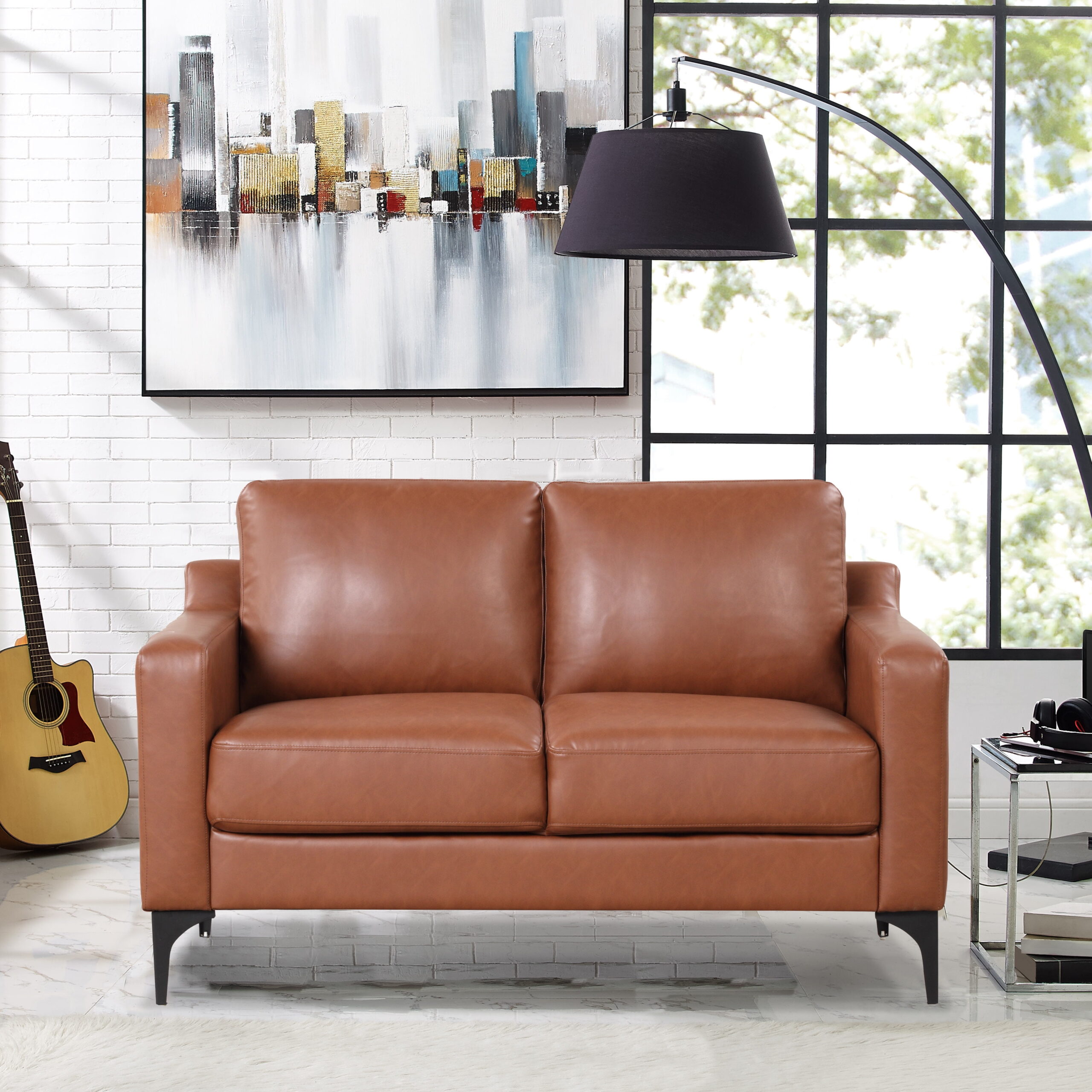 Serta Hemsworth Mid-Century Modern Style 2 Seater Indoor Loveseat. Brown Faux Leather