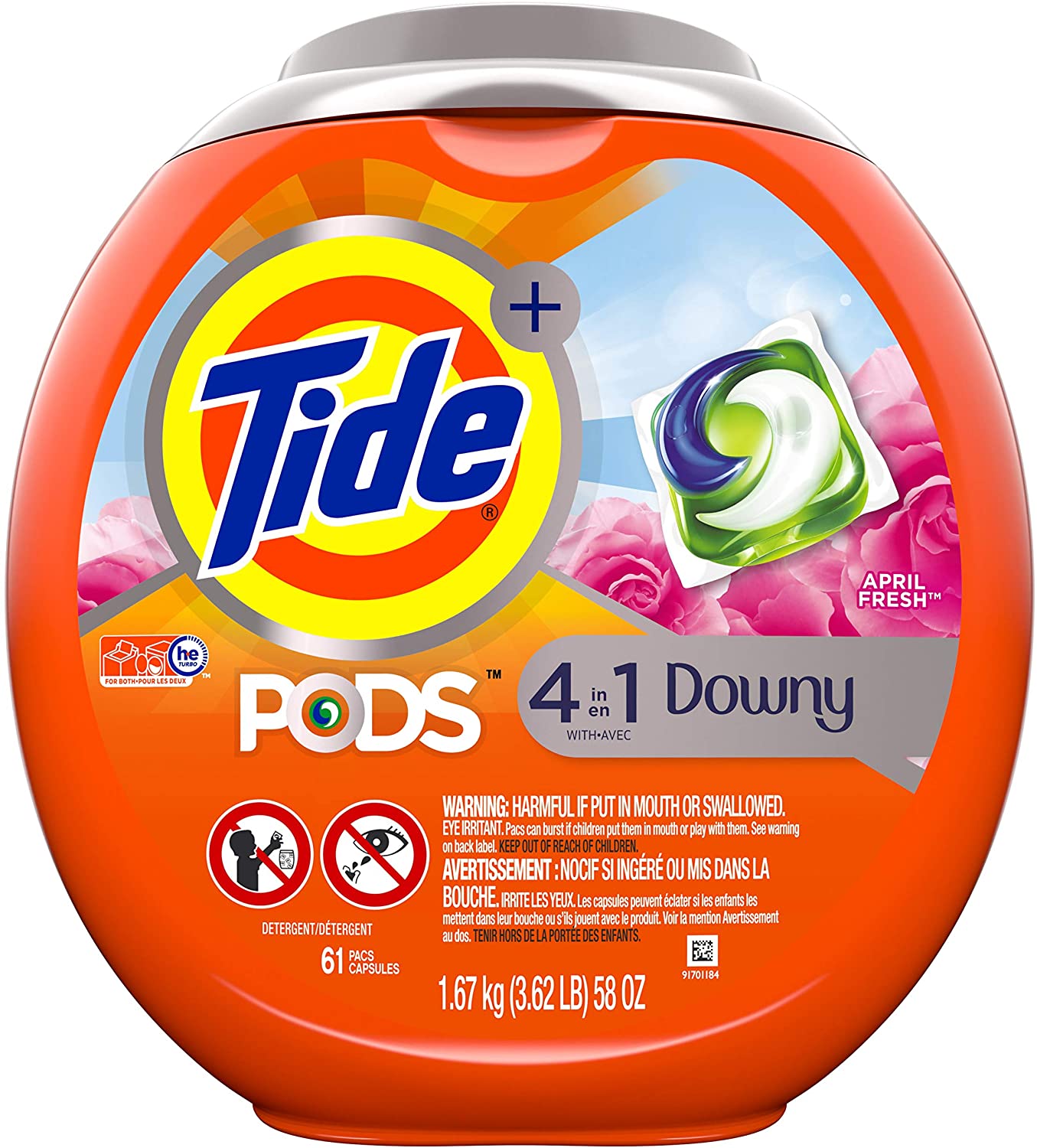 Tide PODS Plus Downy 4 in 1 HE Turbo Laundry Detergent Pacs. 61 Count Tub