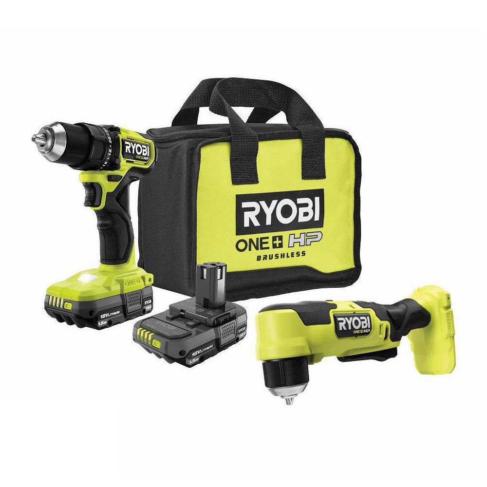 RYOBI PSBDD01K-PSBRA02B ONE+ HP 18V Brushless Cordless Compact 1/2 in. Drill/Driver. 3/8 in. Right Angle Drill. (2) Batteries. Charger. and Bag
