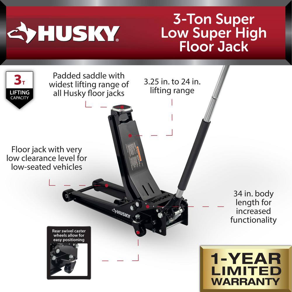 Husky HPL4790 3-Ton Super Low Super High Floor Jack