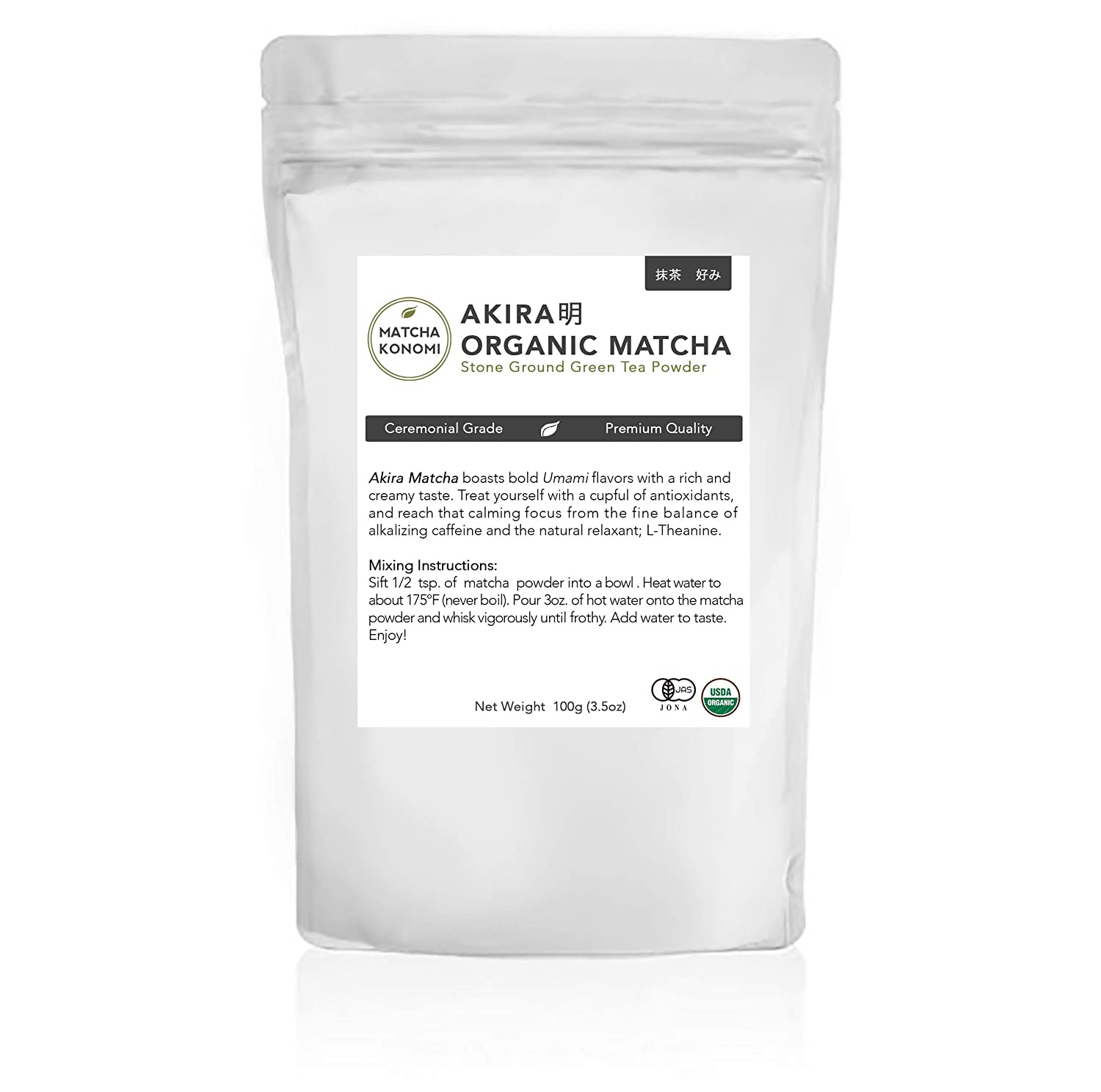 Matcha Konomi Akira Matcha 100g - Organic Premium Ceremonial Japanese Matcha Green Tea Powder - First Harvest. Radiation Free. No Additives. Zero Sugar - USDA and JAS Certified (3.5 oz bag)