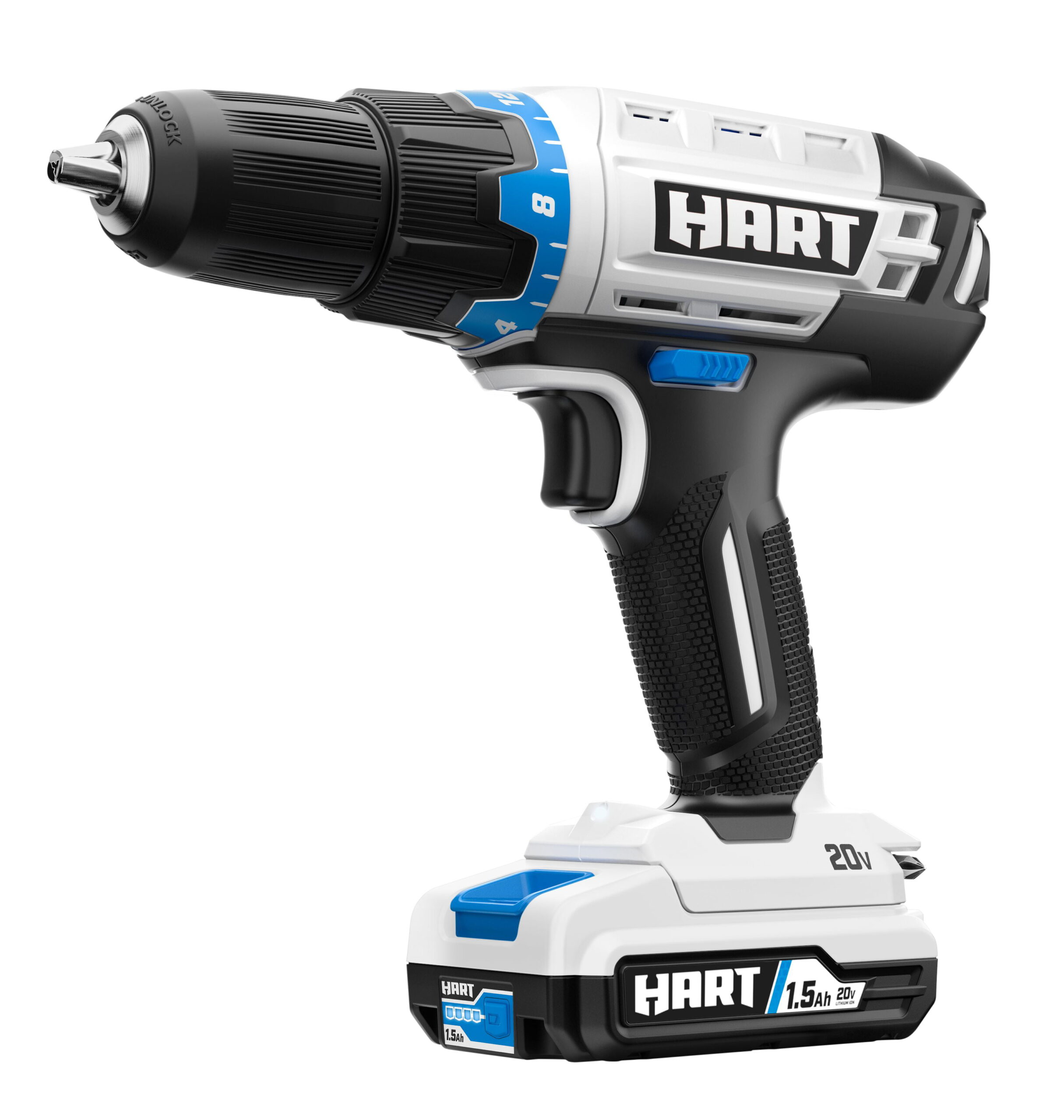 HART 20-Volt Cordless 4-Tool Combo Kit with 200-Piece Accessory Kit and 16-inch Storage Bag. (2) 20-Volt 1.5Ah Lithium-Ion Battery