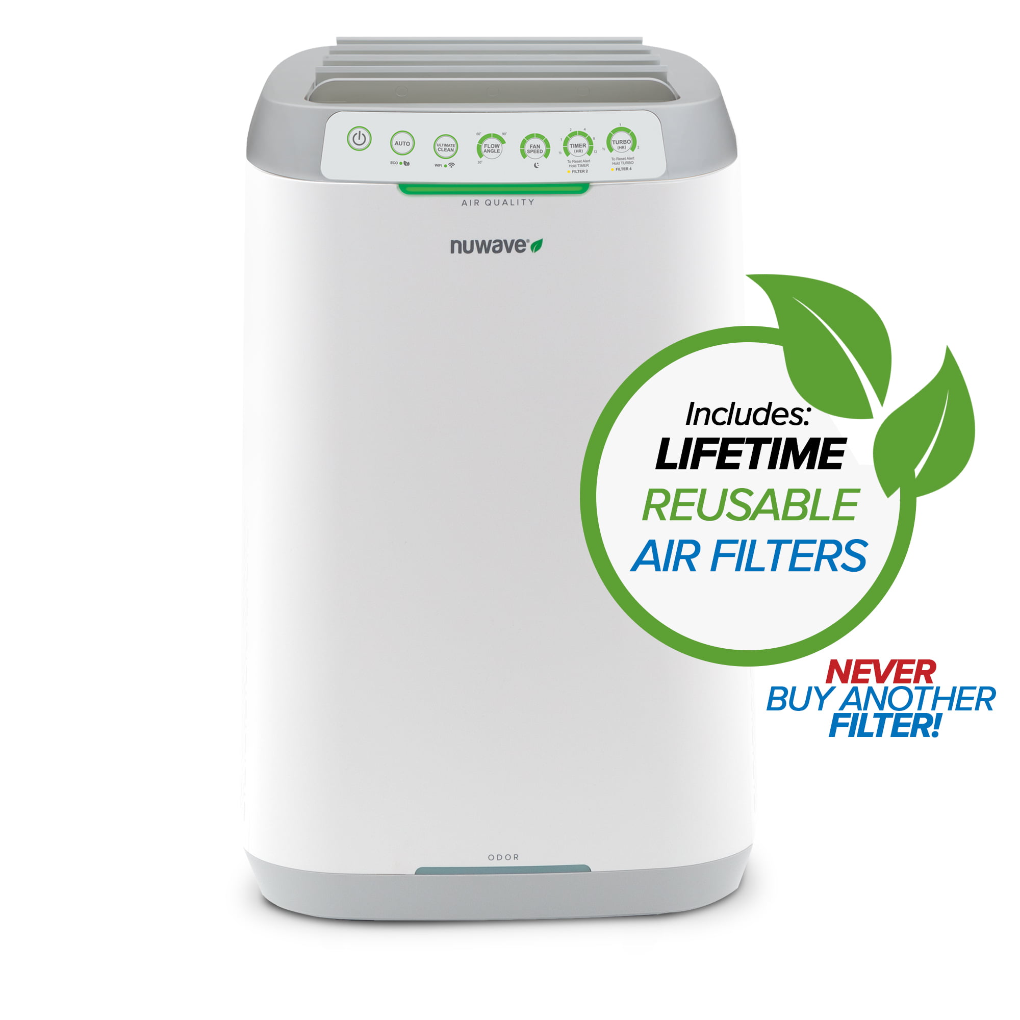 NUWAVE OxyPure Zero Bio-Guard Air Purifier. Never Purchase Replacement Filters Again. Cleans 1000 sq.ft.. Captures and Eliminates Dust. Pollen. Pet Dander. Lead. Formaldehyde. Gases. VOCs