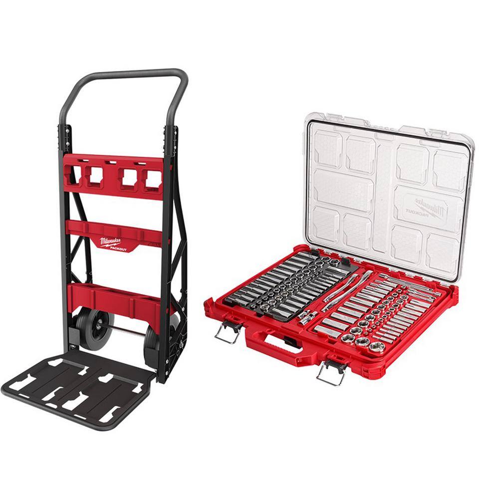 Milwaukee 48-22-8415-48-22-9486 PACKOUT 20 in. 2-Wheel Folding Utility Cart w/3/8 in. and 1/4 in. SAE/Metric Mechanics Set (107-Piece)