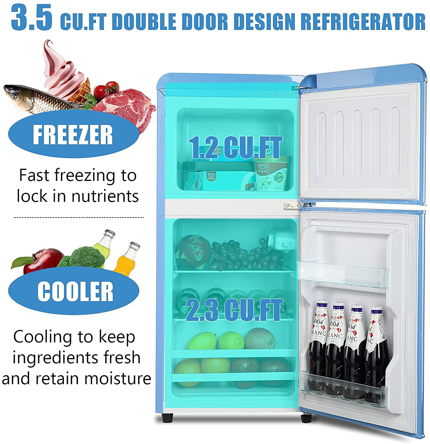 Krib Bling 3.5 cu.ft Compact Refrigerator. Retro Mini Fridge with Freezer. Small Drink Chiller with 2 Door. Blue