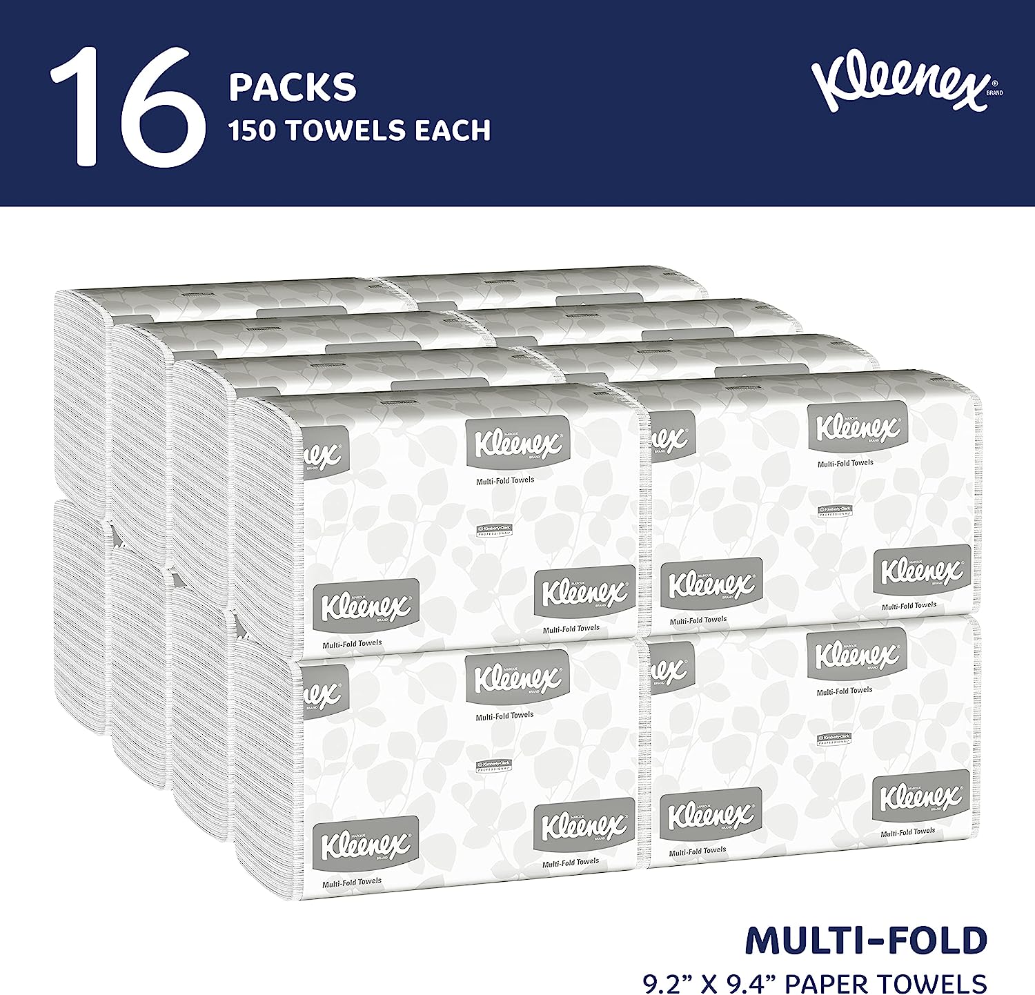 Kleenex® Multifold Paper Towels (01890). 1-Ply. 9.2″ x 9.4″ sheets. White. (150 Sheets/Pack. 16 Packs/Case. 2400 Sheets/Case)
