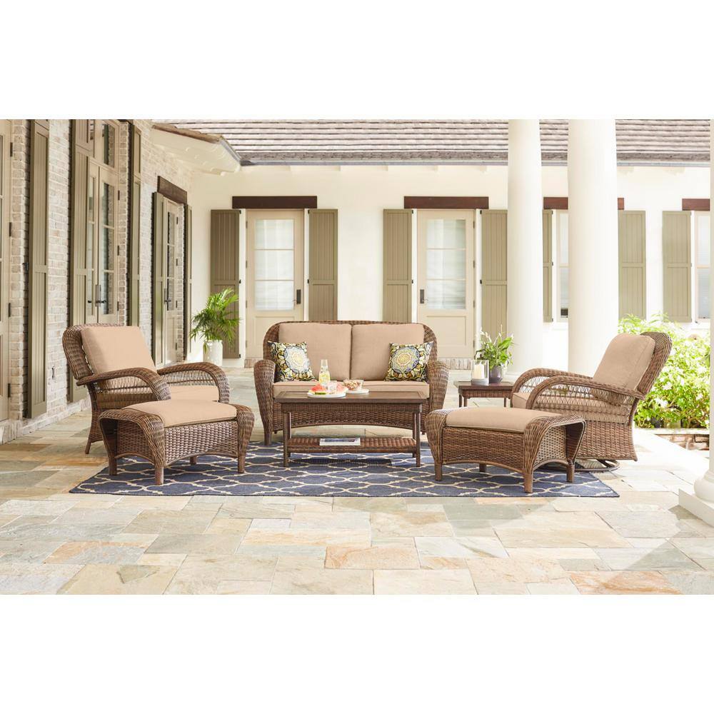 Hampton Bay  Beacon Park Brown Wicker Outdoor Patio Loveseat with Sunbrella Beige Tan Cushions