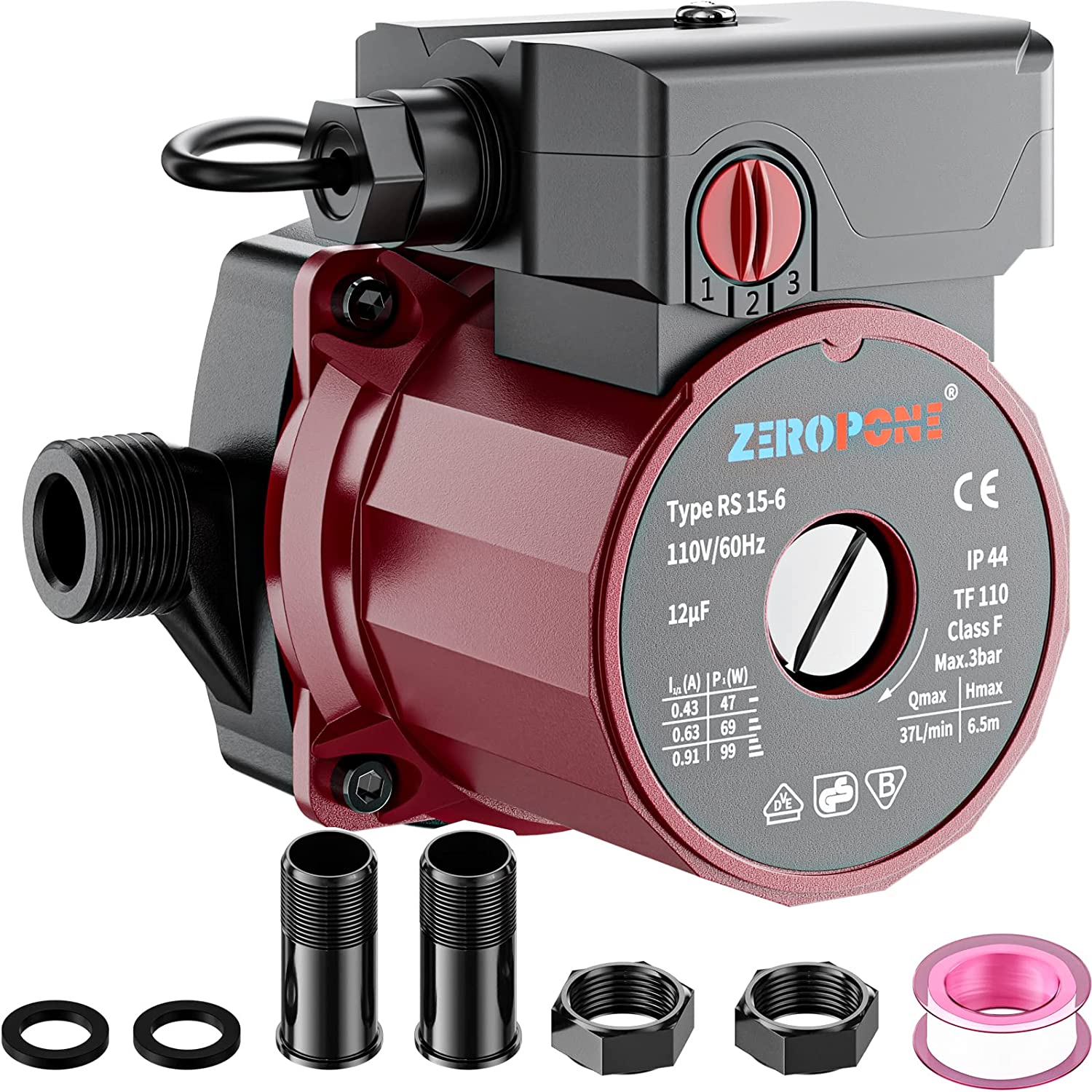 ZeroPone Recirculating Pump. 93W Water Circulator Circulating Pump NPT 3/4″ w/NPT 1/2″ Adapter. 15-6C 3-speed Control Recirculation for Electric Water Heater System