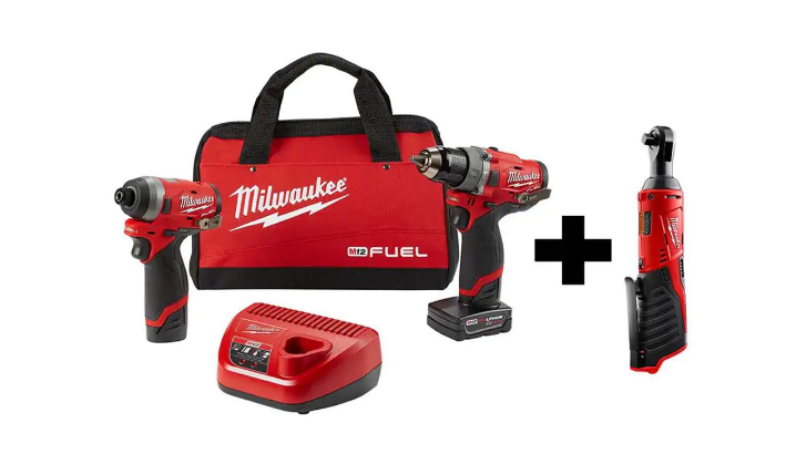 Milwaukee 2598-22 M12 FUEL 12-Volt Li-Ion Brushless Cordless Hammer Drill and Impact Driver Combo Kit (2-Tool)w/ M12 3/8 in. Ratchet