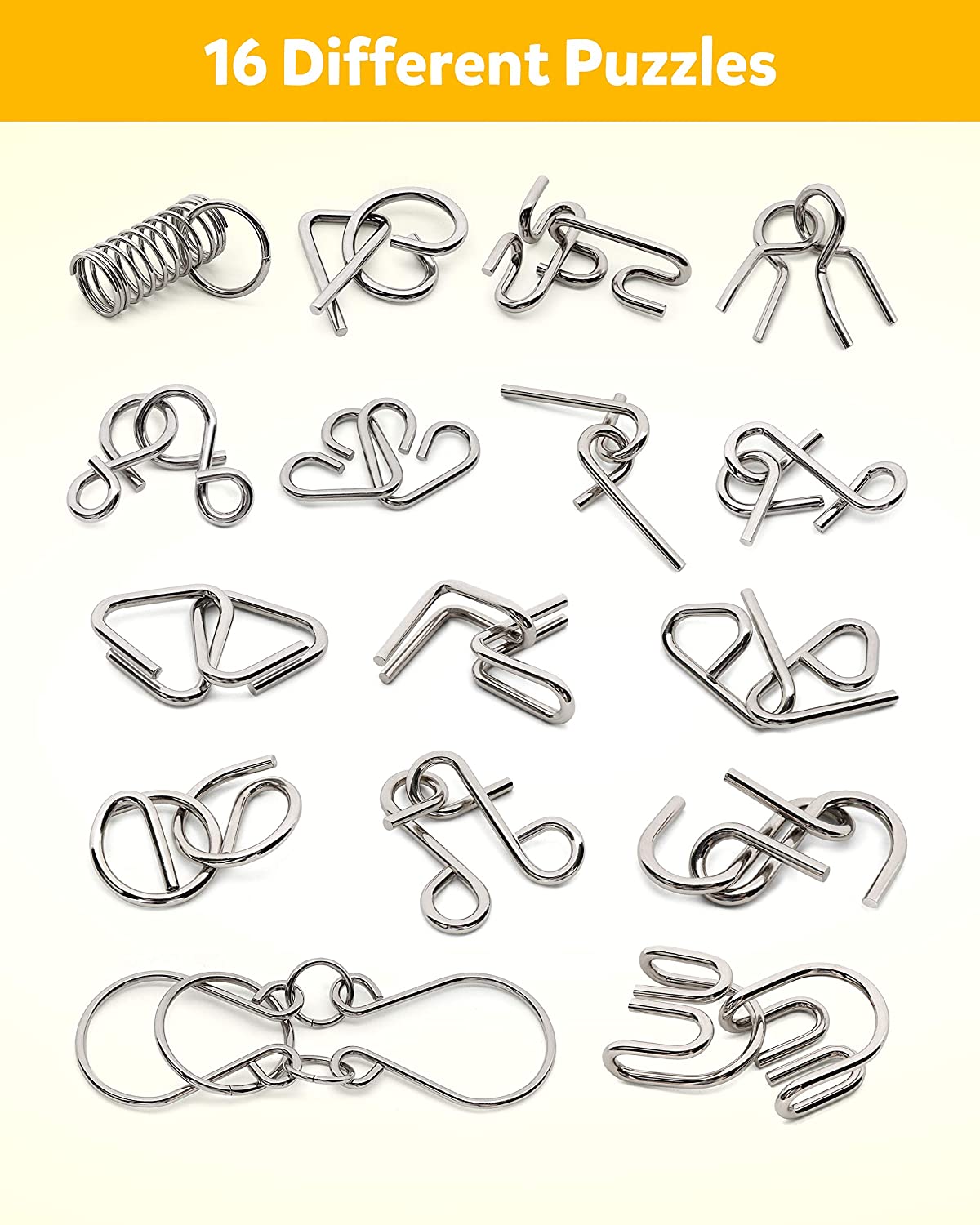 Coogam Metal Wire Puzzle Set 16 with Pouch. Brain Teaser IQ Test Disentanglemen