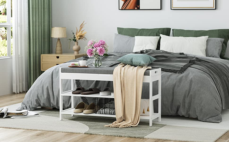 Homfa Bamboo Shoe Bench Rack with Storage. Entryway Storage Bench with Padded Seat. Shoe Oiganizer Shelf for Entryway Mudroom Bathroom. White