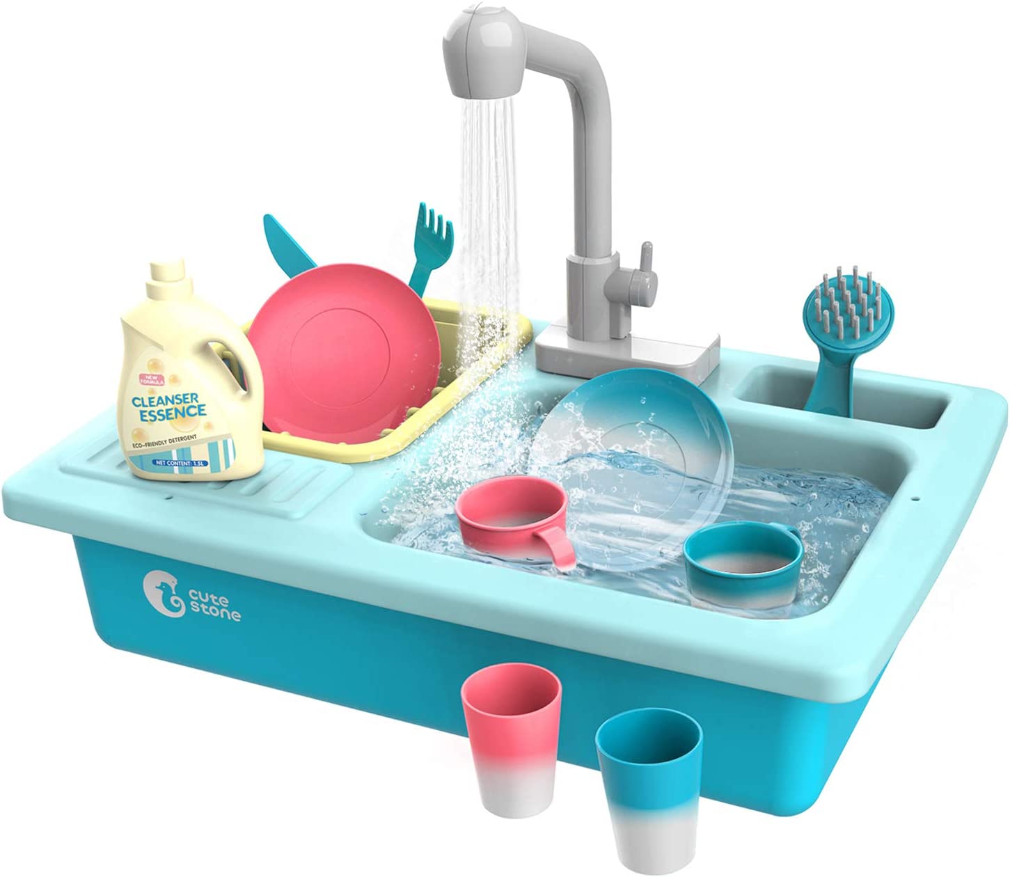 CUTE STONE Color Changing Kitchen Sink Toys. Children Heat Sensitive Electric Dishwasher Playing Toy with Running Water. Automatic Water Cycle System Play House Pretend Role Play Toys for Boys Girls