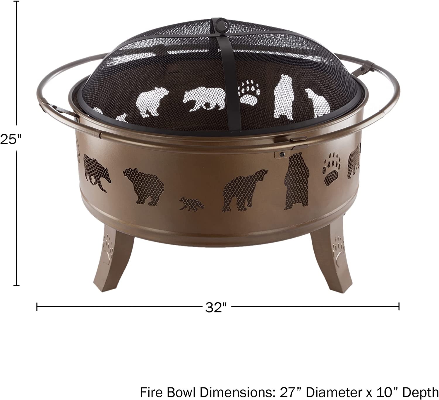 Nature Spring 50-LG1202 32 Outdoor Deep Fire Pit-Round Large Steel Bowl with Bear Cutouts. Mesh Spark Screen. Log Poker & Storage Cover-Patio Wood Burning. Antique Gold