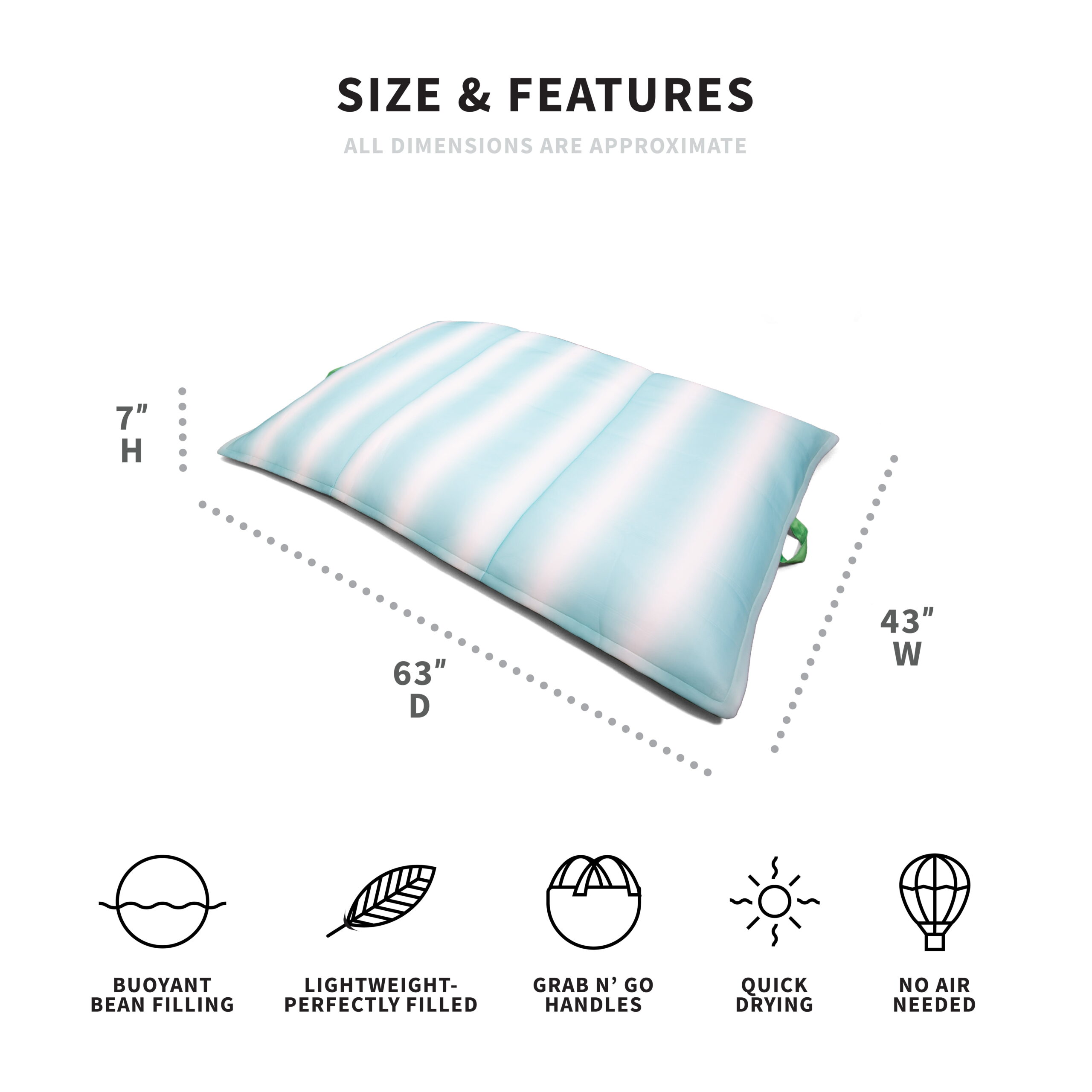 Big Joe Lagoon Lounger No Inflation Needed Pool Float. Rolling Wave Aqua Double Sided Mesh. 5ft Giant