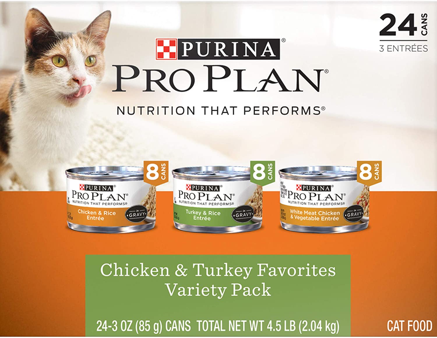 Purina Pro Plan Gravy. High Protein Wet Cat Food Variety Pack. COMPLETE ESSENTIALS Chicken & Turkey Favorites - (24) 3 oz. Cans