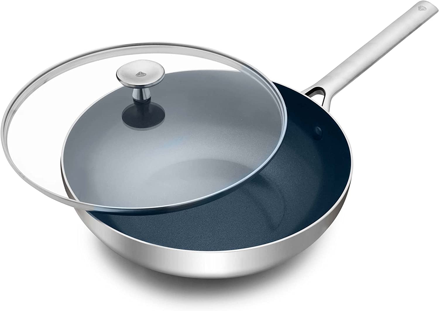 Blue Diamond Cookware Tri-Ply Stainless Steel Ceramic Nonstick. 11″ Wok Pan with Lid. PFAS-Free. Multi Clad. Induction. Dishwasher Safe. Oven Safe. Silver