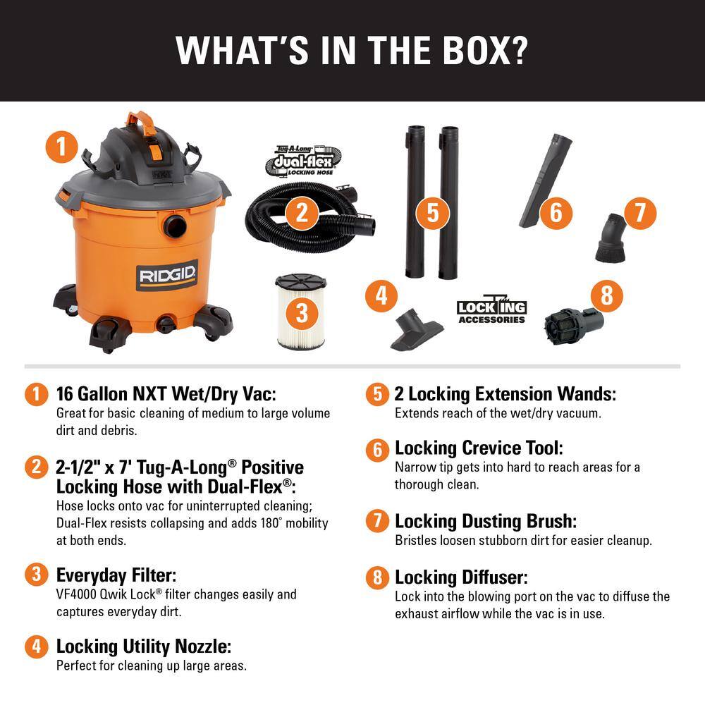 RIDGID HD1640B 16 Gallon 5.0 Peak HP NXT Wet/Dry Shop Vacuum with Standard Filter. Locking Hose. Diffuser and Five Accessories