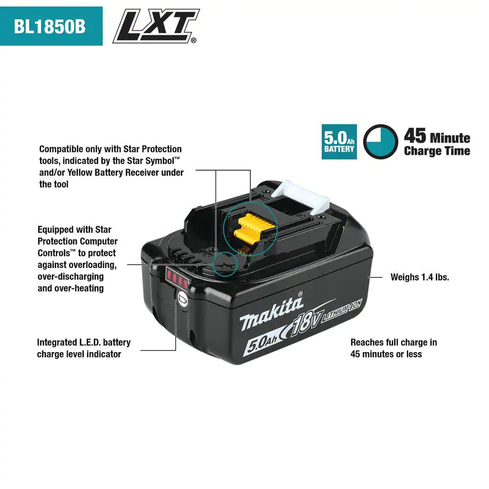 Makita BL1850BDC2 18V LXT Lithium-Ion Battery and Rapid Optimum Charger Starter Pack (5.0Ah)