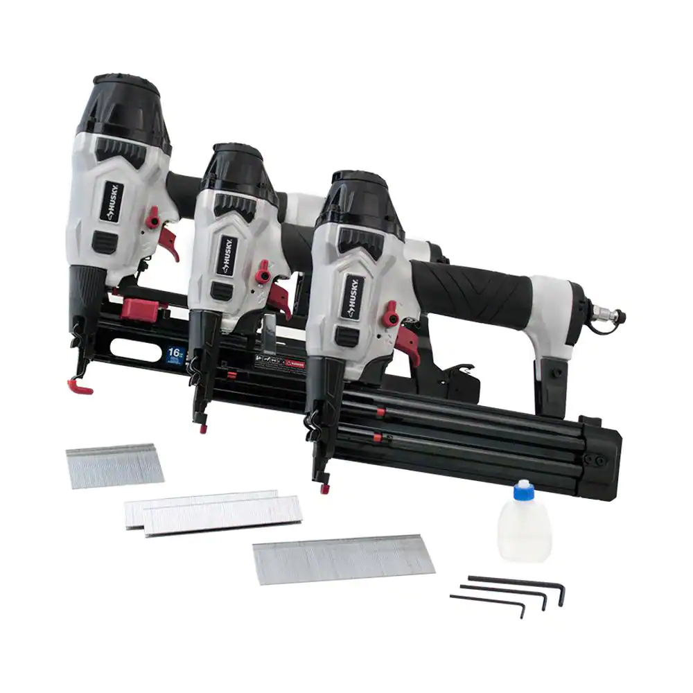 Husky 206944644 Finish Kit with 16-Gauge Finish Nailer. 18-Gauge Brad Nailer and 18-Gauge Stapler (3-Piece)