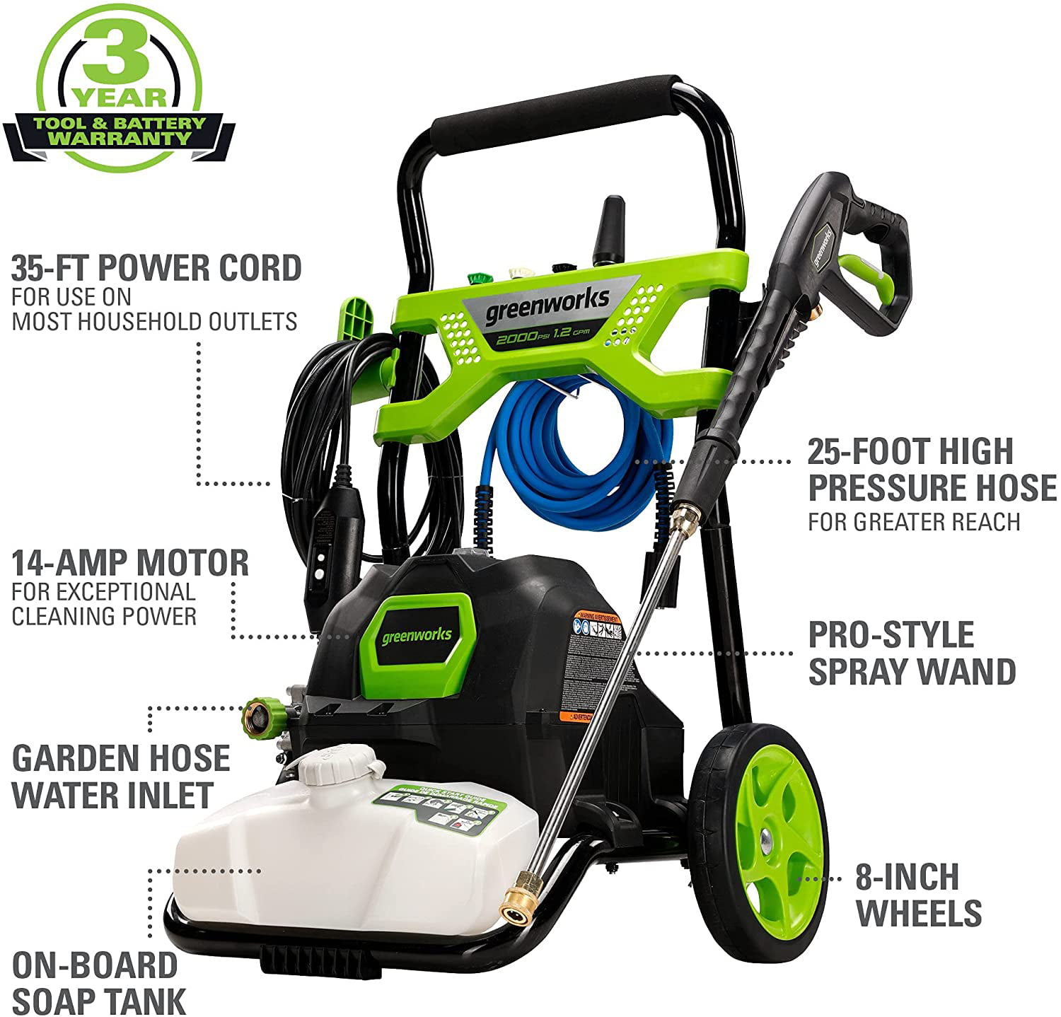 Greenworks Premium 2000 PSI 1.2 GPM Electric Pressure Washer. 5118202VT