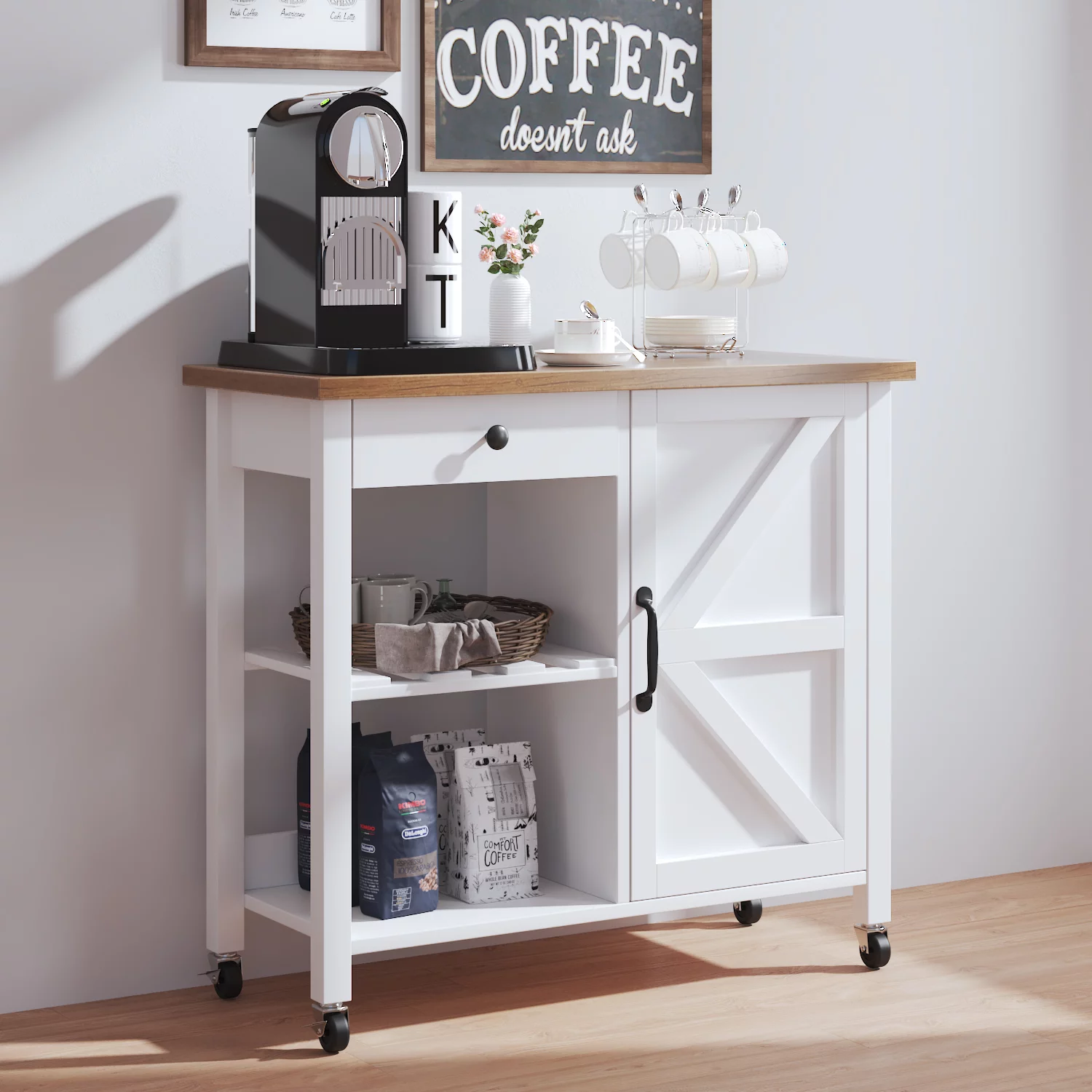 Catrimown Farmhouse Kitchen Island Cart with Storage. Rolling Kitchen Cart on Wheels. Microwave Stand. Coffee Cart. White
