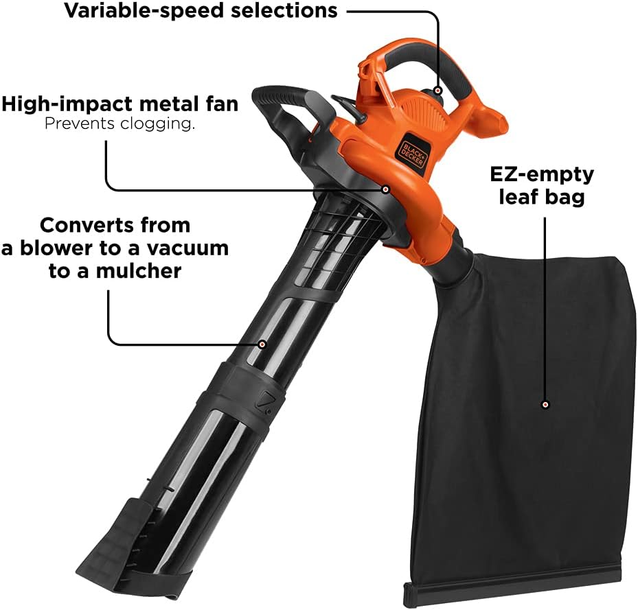 BLACK+DECKER 3-in-1 Electric Leaf Blower. Leaf Vacuum/Mulcher. Corded. 12-Amp (BV6600)