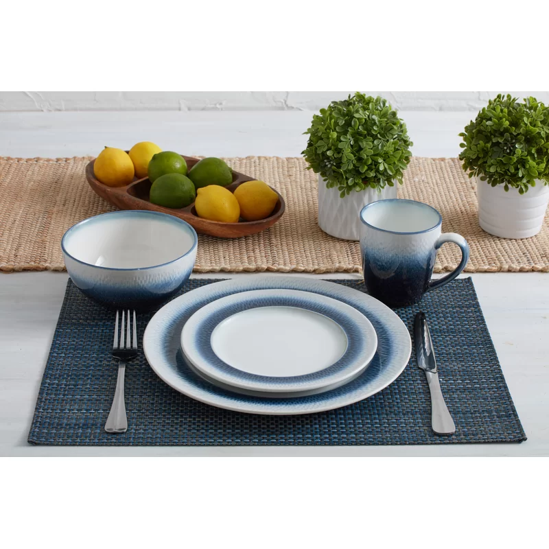 Pfaltzgraff 5154855 Eclipse Blue 16-Piece Stoneware Round Dinnerware Set. Blue/White