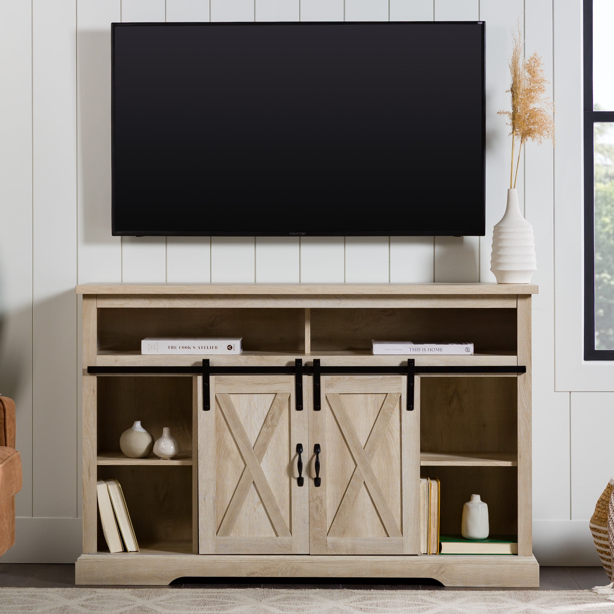 Woven Paths Farmhouse Barn Door TV Stand for TVs up to 58″. White Oak