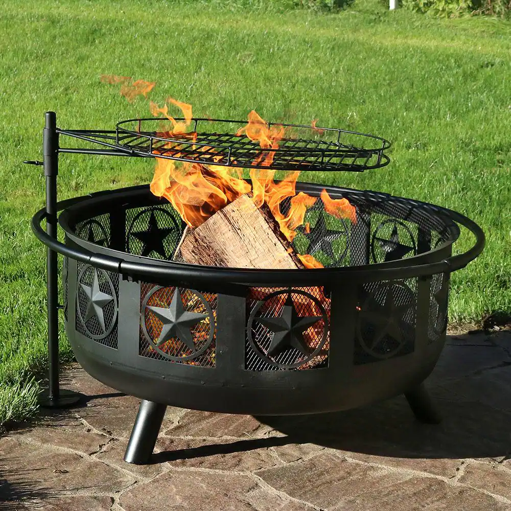 Sunnydaze Decor KF-ASFP-BLK 36 in. W x 22.5 in. H Round Steel Wood Burning Fire Pit with Cooking Grate and Spark Screen