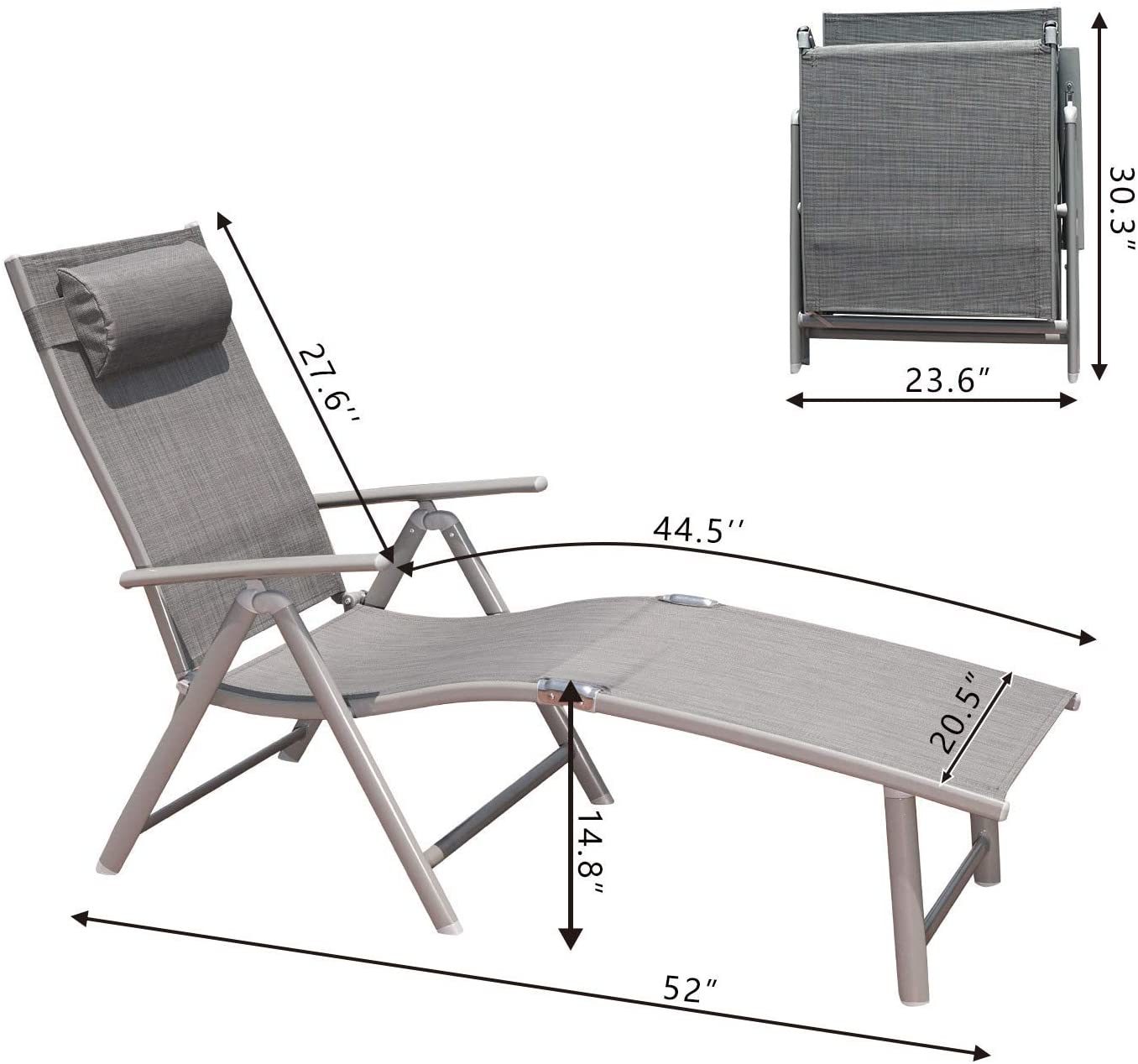 GOLDSUN Aluminum Outdoor Folding Lounge Chairs Adjustable Chaise Lounge Chair Set of 2 with Headrest and Tray for Patio Beach Porch Swimming Poolside (Grey)