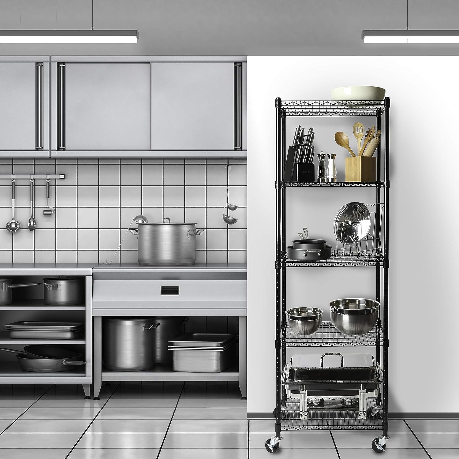 Seville Classics UltraDurable Heavy Duty NSF Solid Steel Wire Rack Storage Unit Organizer for Garage. Warehouse. Office. Restaurant. Classroom. Kitchen. 5-Tier Shelving. 24″ W x 18″ D. Black. 10 Count