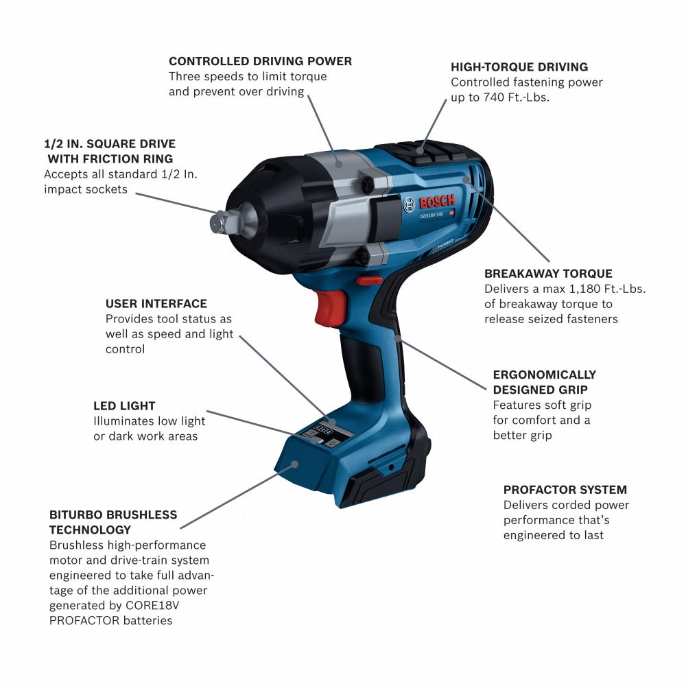 Bosch 18-volt Variable Speed Brushless 1/2-in square Drive Cordless Impact Wrench (Tool Only)