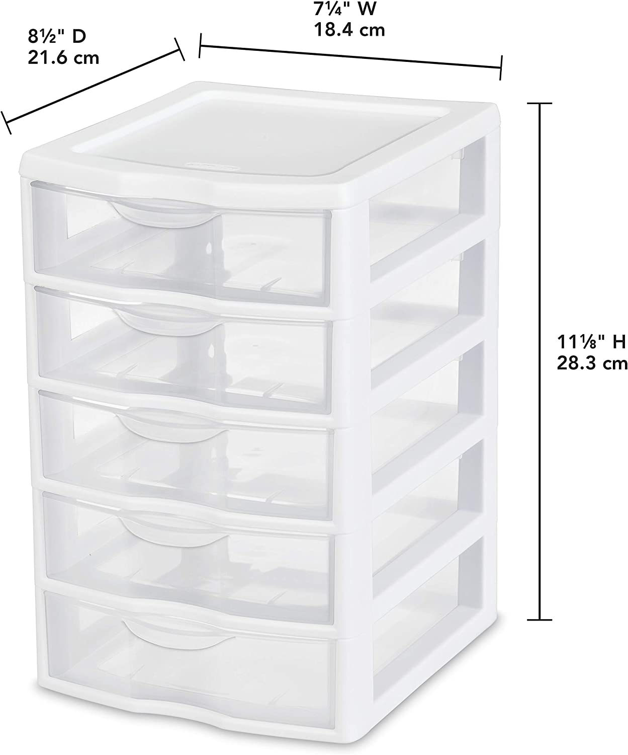 Sterilite 20758004 Small 5 Drawer Unit. White Frame with Clear Drawers. 4-Pack