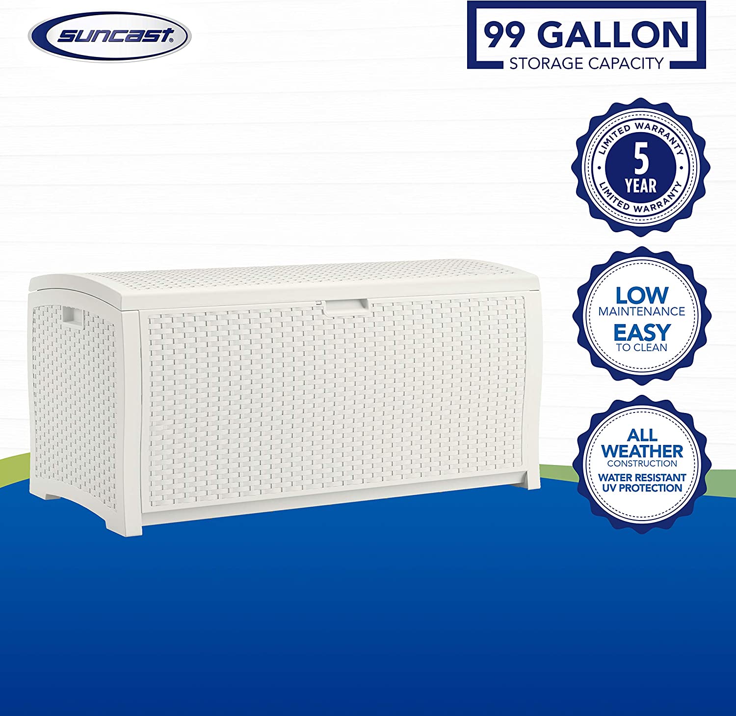 Suncast 99 Gallon Resin Wicker Patio Storage Box - Water Resistant Outdoor Storage Container for Toys. Furniture. Yard Tools - Store Items on Deck. Porch. Backyard - White